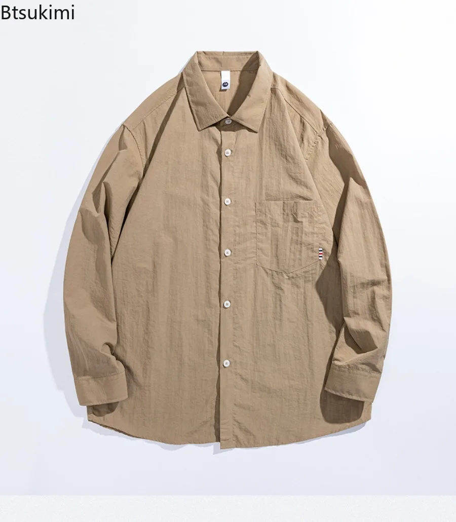 

Весенне-осенние мужские однотонные рубашки с длинными рукавами, винтажные повседневные топы на пуговицах с лацканами, модные универсальные базовые рубашки для мужской одежды