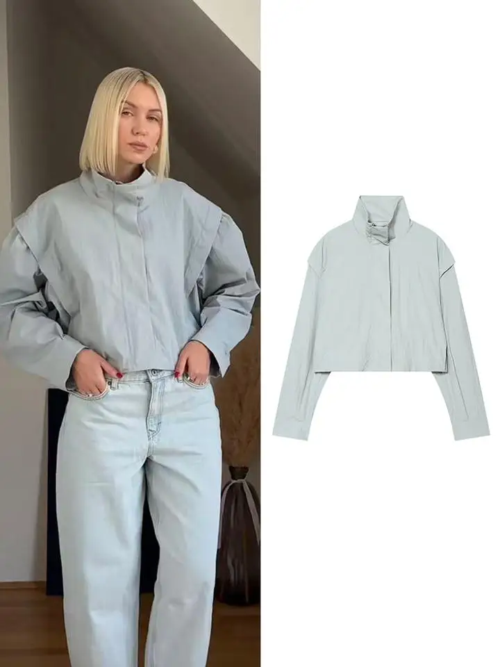 Spring Fashionable Women All-Match Stand Collar Sunscreen Jacket Outerwear Loose Short Coat Zipper Closure Commute Style