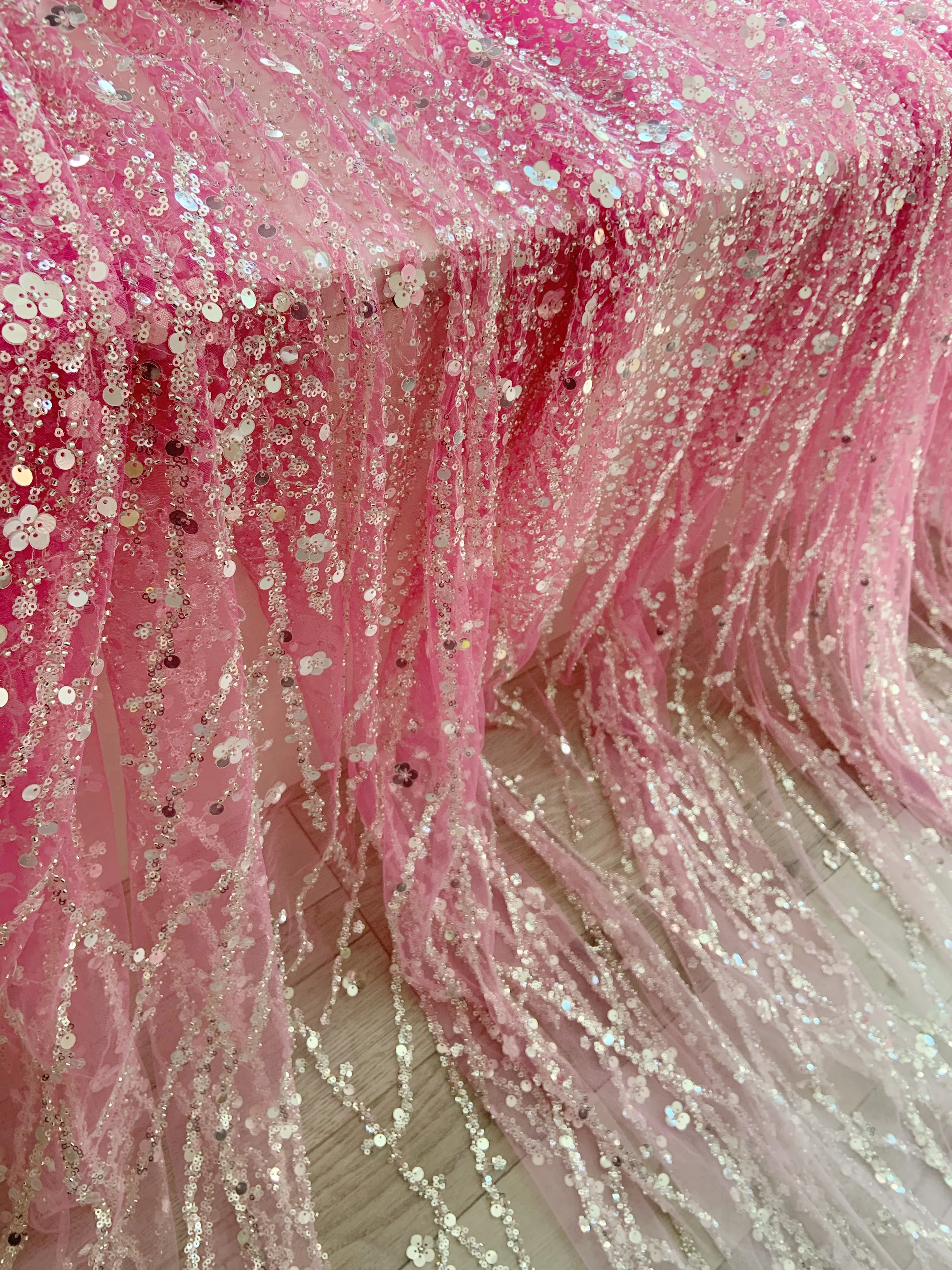 Gradient Color Bead Sequin Fabric for Wedding Dress Drama Costume Hanfu Dance Costume Stage Pink Beading Lace Fabric