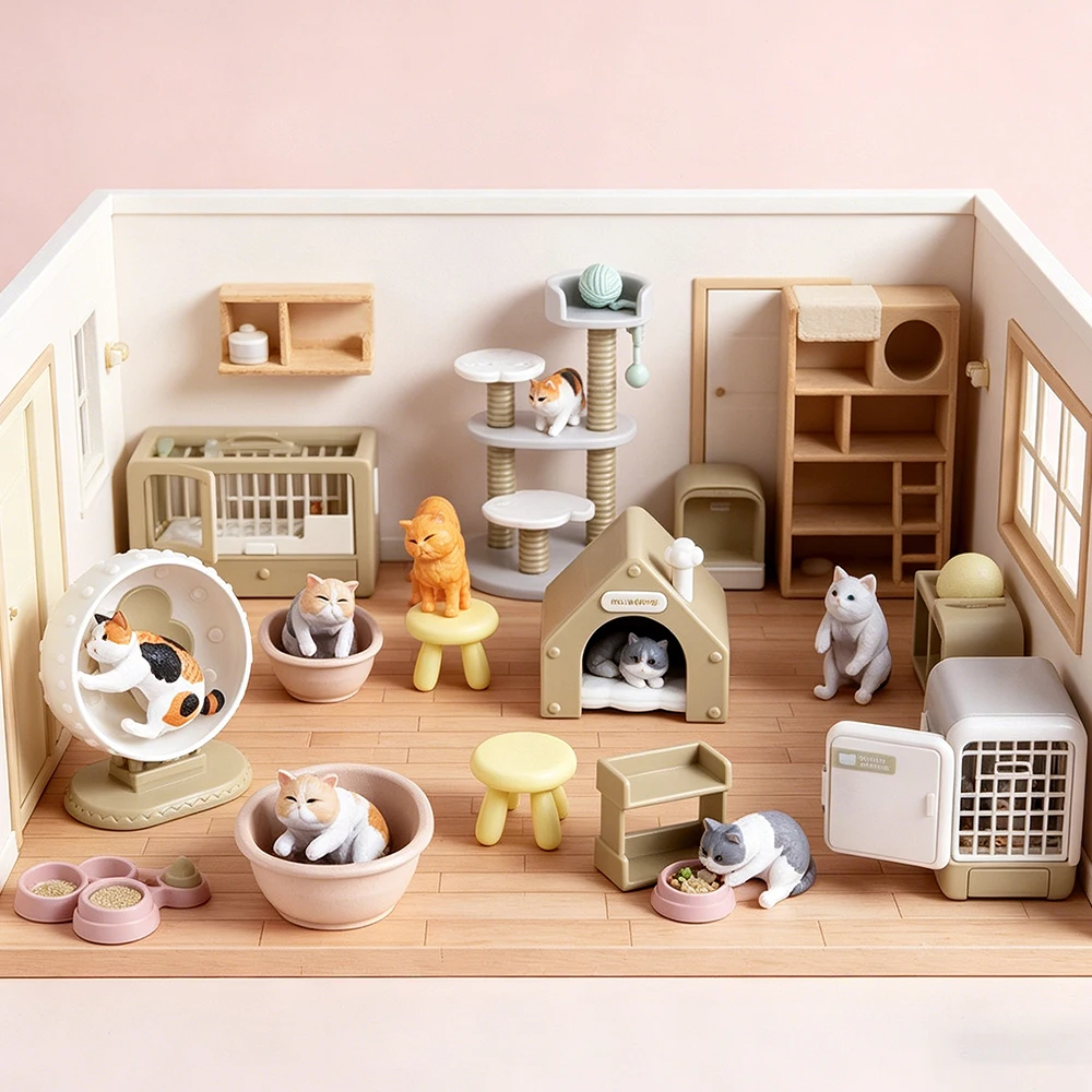 

1/12 Scale Mini Cat Ornament Cat Figures Micro Landscape Cat Trees Scratcher Deccoration Accessories Toy SENGTONGLE-M07-6IN1