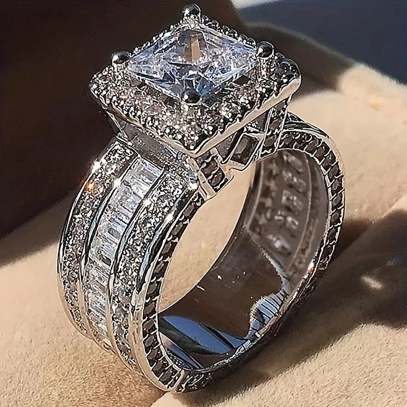 Silver Color Inlaid Zircon Stones Ring for Men and Women, Super Shining, Wedding Rings, Engagement Jewelry, Exquisite Fashion