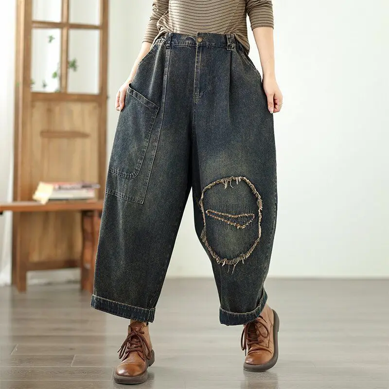 

Джинсы в стиле ретро, женские осенние новые художественные модные потертые повседневные девять укороченных брюк с эластичной резинкой на талии для женщин