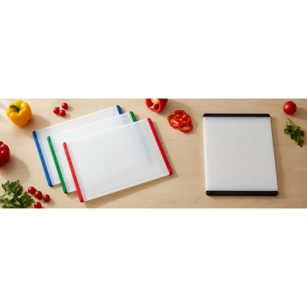 

3-Piece Color-Coded Plastic Cutting Board Set with Drip Catcher - Non-Porous, Odor-Resistant for Home Kitchen & Food Prep