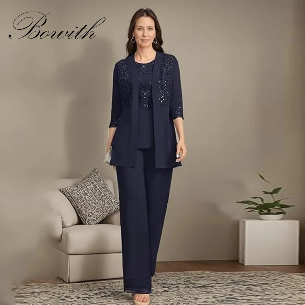 

Bowith 3 Pieces Mother of The Bride Pant Suits for Wedding Chiffon Lace Appliques Formal Outfit with Jacket Customized Pants Set
