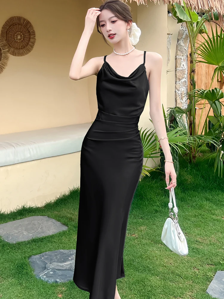 2025 グリーンサテン プリーツ ボディコン スリング ロングドレス レディース シック バックレス セクシー クラブドレス サマー 韓国 エレガント ラグジュアリー イブニングドレス