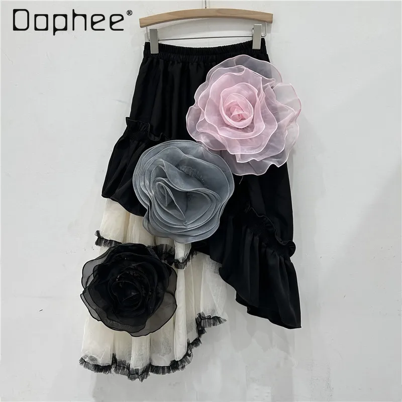 

3d Floral Irregular Skirts Women Ruffle Mesh Patchwork A Line Elastic Waist Long Skirt Chic Design Contrast Color Temperament