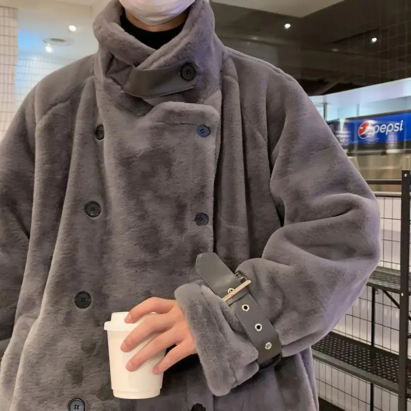 

Winter Coat Men Korean Style Faux Mink Plush Double Breasted Thick Warm Faux Fur Jacket Casual Trendy Outerwear Tops