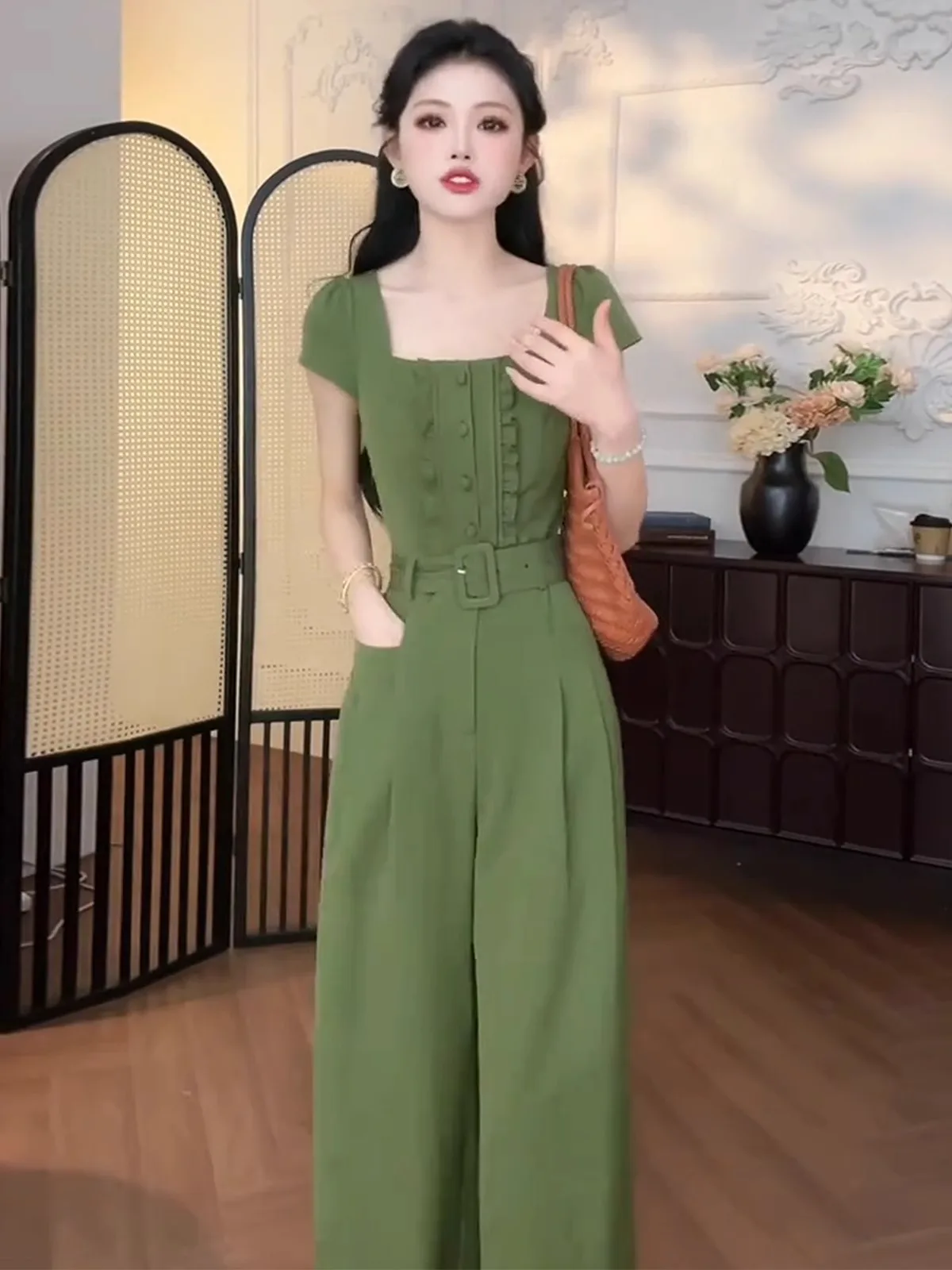 

Trendy Korean Sle Wide Leg Pants with Wooden Bows Loose Fit Color Summer Casual High Waist Zipper