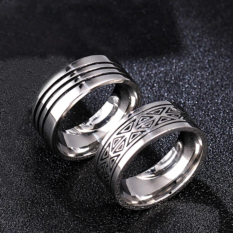 Viking Biker Vintage Jewelry 8mm Retro Stainless Steel Blackened Ring  Fashion Simple Groove Ring For Man And Women