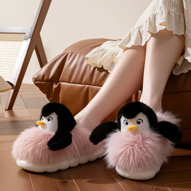 

Cute Slippers Penguin Cotton Slippers for Women Warm and Cozy Fleece-Lined Thickened Non-Slip Home Slippers for Fall and Winter