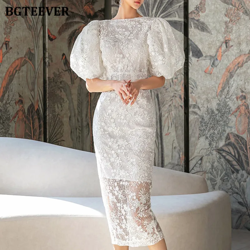 BGTEEVER elegantní krajka léto šaty ženy supět rukáv výšivka vintage dámy šaty bodycon vestidos femme