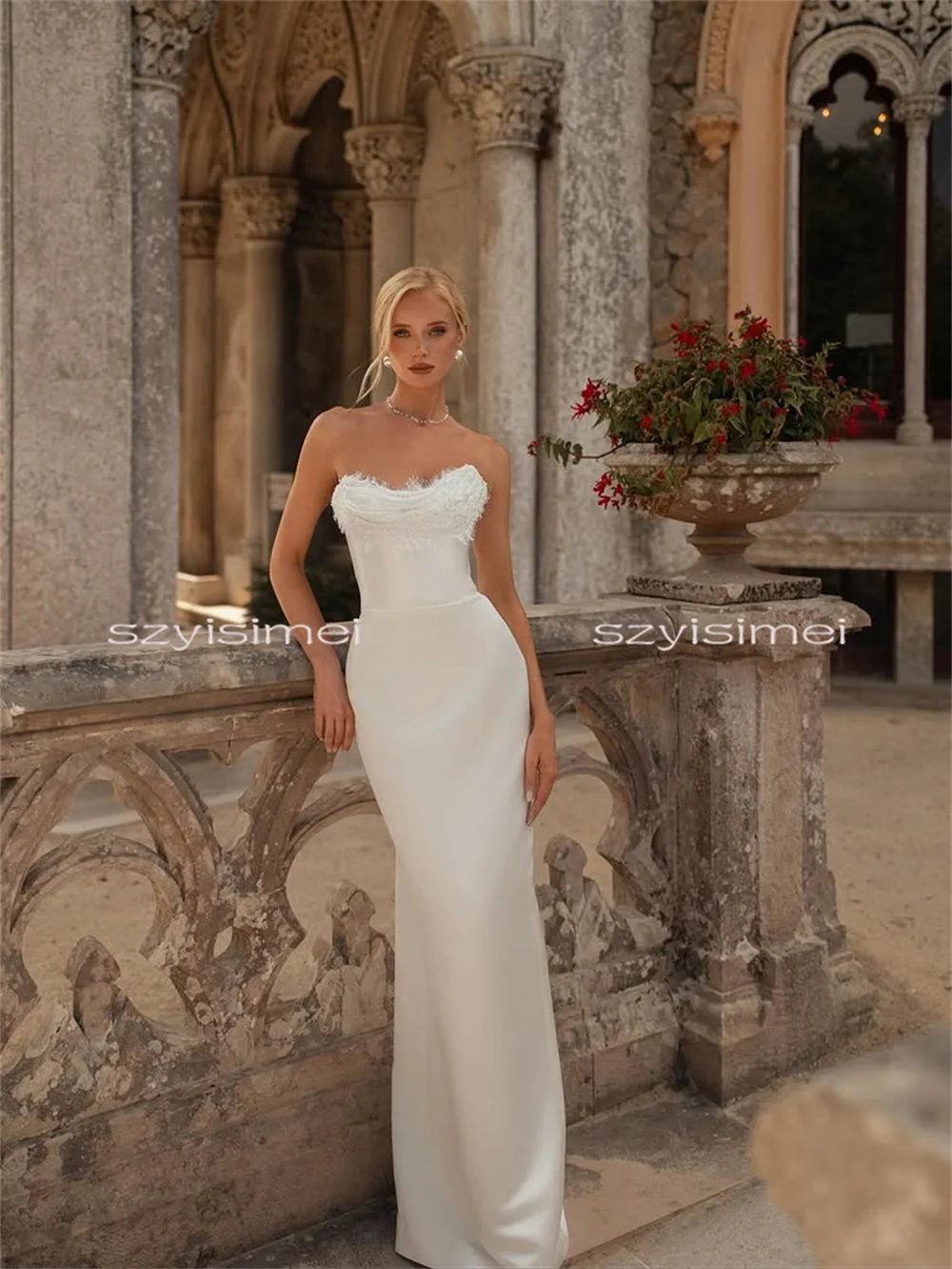 カスタムメイドの豪華なマーメイドサテンウェディングドレス、ビーチブライダルドレス、取り外し可能なトレーン付きイブニングドレス、ウェディングドレス