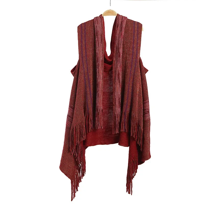 Autumn Winter Imitation Cashmere Tassel Shawl Scarf Women Dual-use Cardigan Fashion Street Poncho Lady Capes Red Cloaks 11