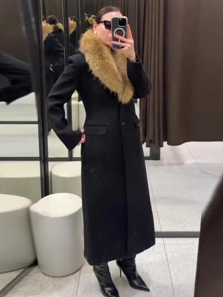Cappotti lunghi in misto lana da donna Collo in pelliccia Nuove giacche Capispalla moda ingombranti in vita Inverno Donna elegante Abbigliamento casual quotidiano