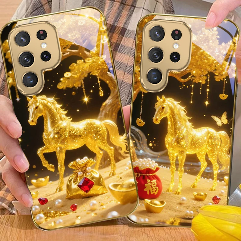 Noble And Wealthy For Samsung Galaxy S20 FE S21Plus S22 S23 Plus S24 Ultra 25Ultra S21+ S9+ 22Plus S22+ Golden Glass Phone Case
