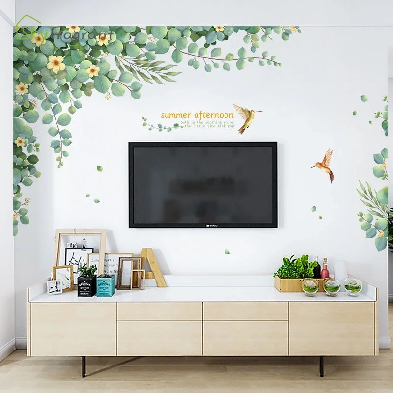 Pegatinas de pared de plantas y flores para sala de estar, decoración de pared de armario de dormitorio, autoadhesivo de vinilo, papeles pintados