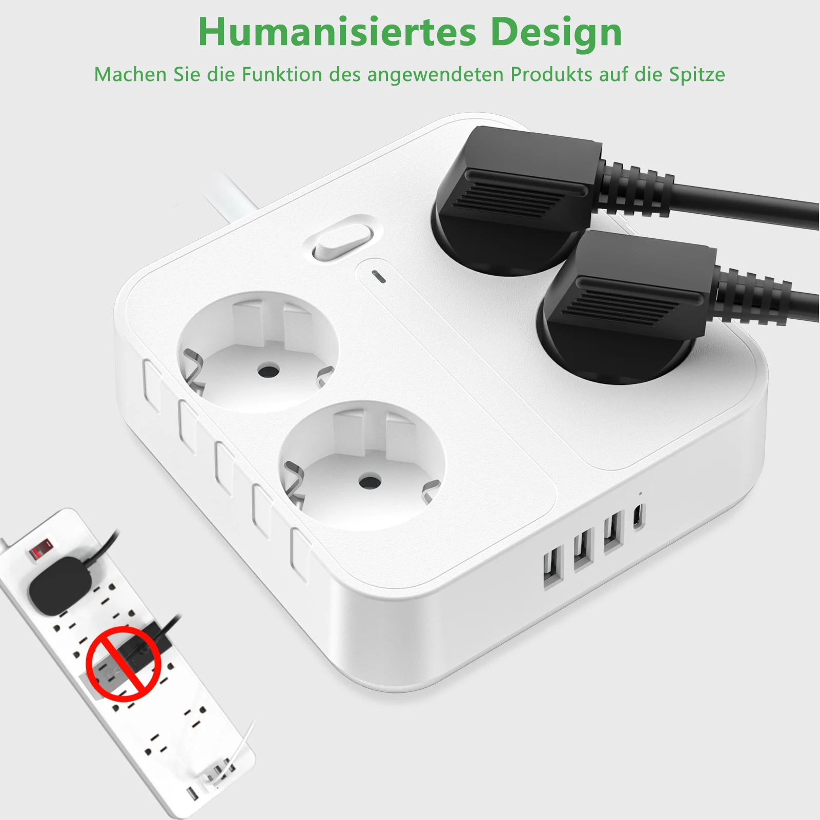 EU Plug Power Strip 4AC Outlets Multiple Socket Electrical with 3 USB 1 Type-C Network Filter Fast Charging 5CM Extension Cable