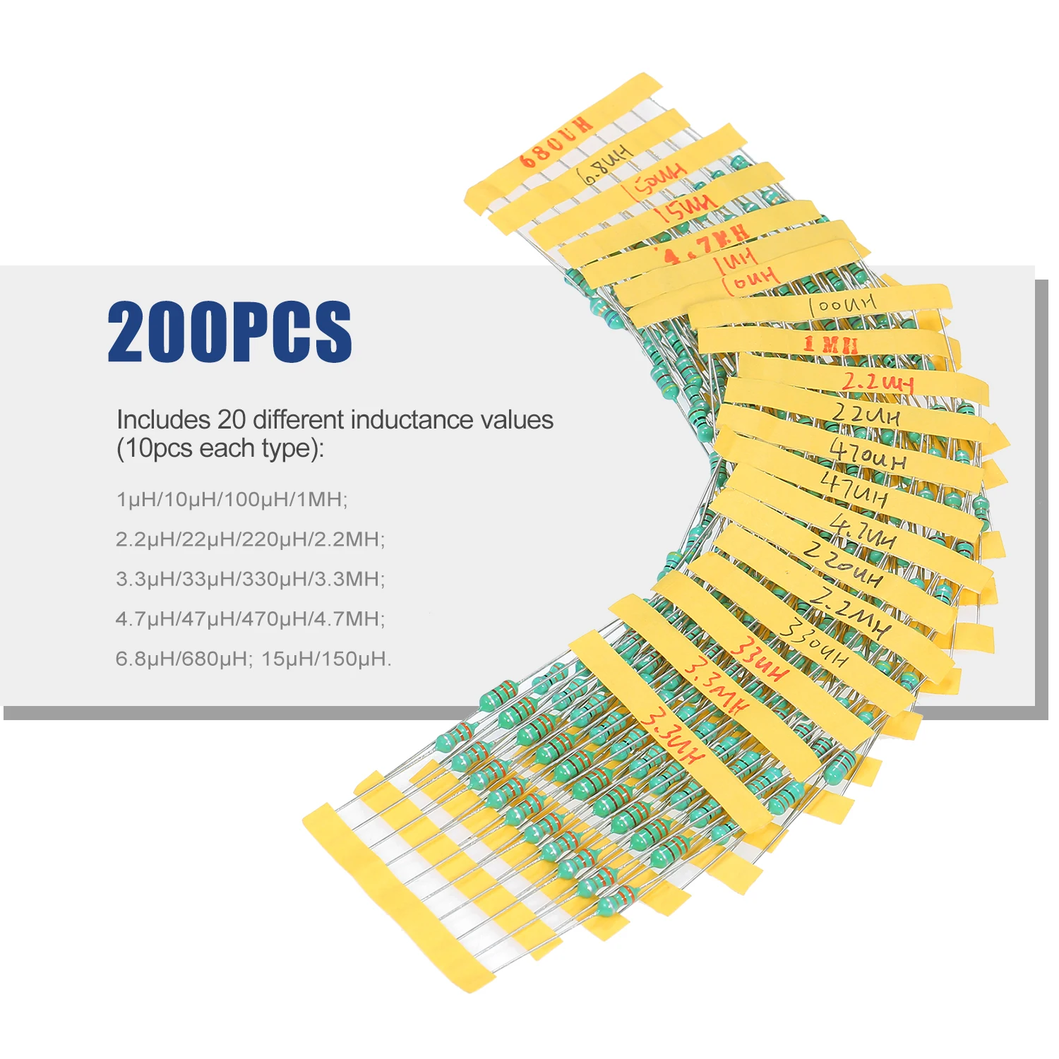 Inductor de anillo cromático DIP, Kit surtido de 200 piezas φ0510, tolerancia ± 10% de potencia, 1W, 20 inductores