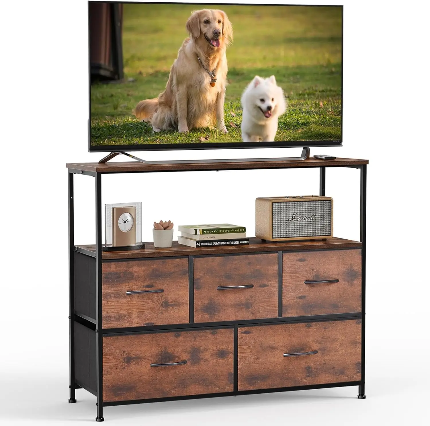 

TV Stand with 5 Fabric Drawers, Media Console for 45 inch TV, Compact Entertainment Unit for Bedroom or Living Room