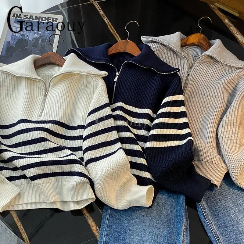 Garaouy 2023 New Women Vintage Striped Jumper Casual Sweater POLO Navy Neck Long Sleeve Female Autumn Winter Knit Pullover Tops