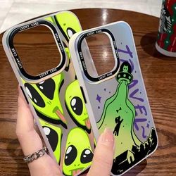 Funny Aesthetics Cartoon Alien Space Phone Case for iPhone 15 14 13 12 11 Pro Max X 7 8 Matte Aurora Laser Gradient Luxury Cover