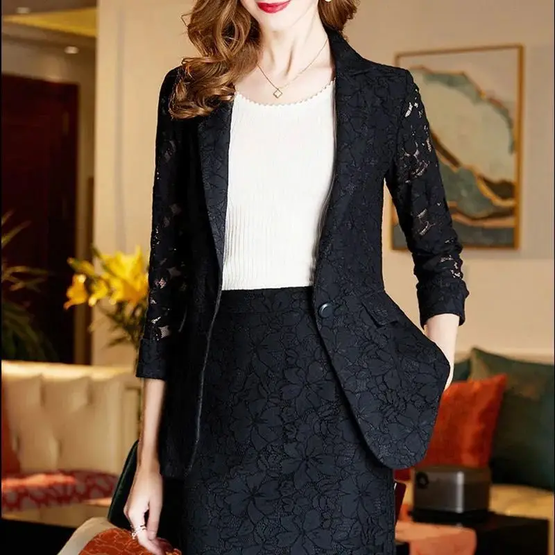 Blazer feminino oco com renda, terno de escritório fino, casacos grandes, saias na altura do joelho, roupas coreanas, elegante, 2 peças