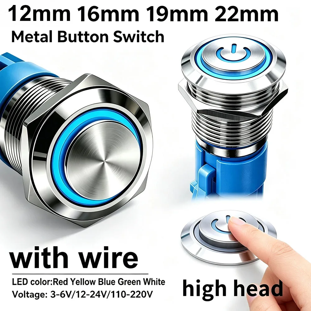 Metal Push Button Switch 12-22mm Waterproof LED Illuminated Latching Momentary AC DC 12V 24V 220V Power Switch With Wire for Car