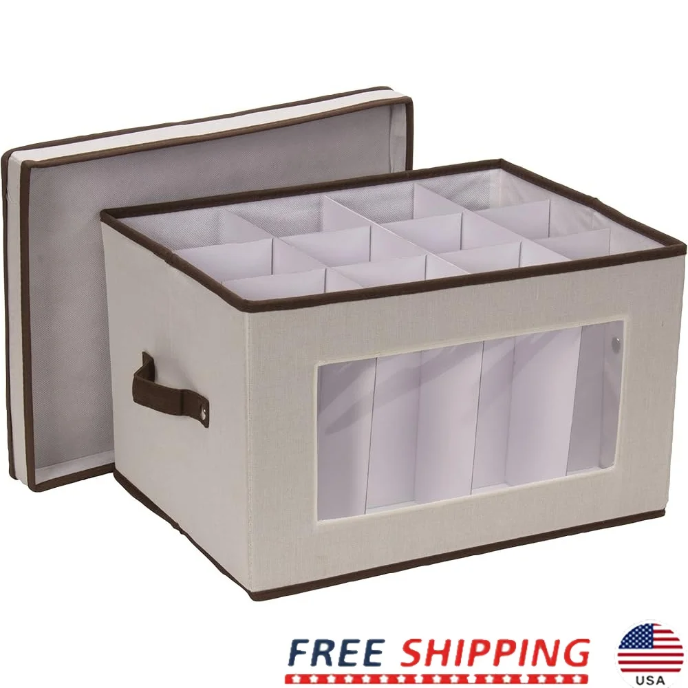 

Stemware Storage Box with Lid 12 Compartments Windowed Design Double Handles Holiday Glassware Organization and Protection