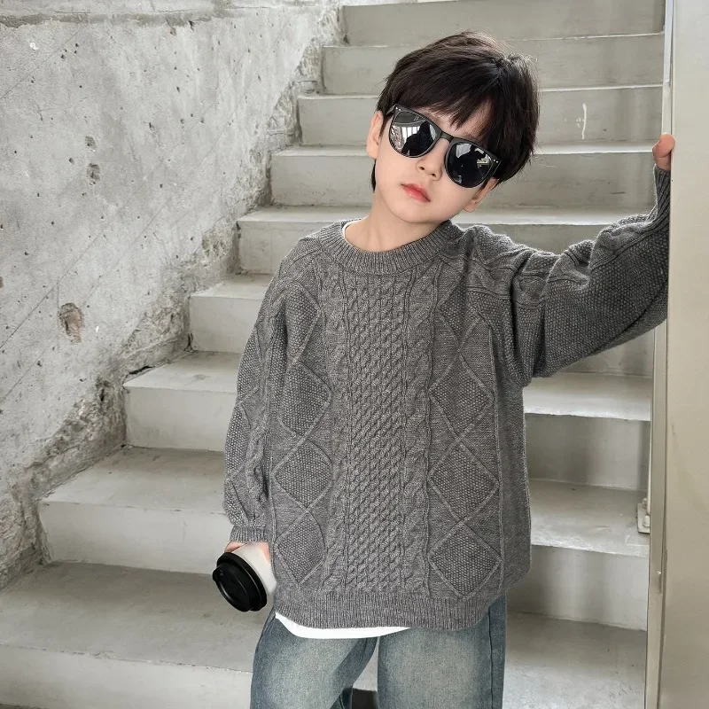 2024 Winter Kids baby clothes Korean style children solid color Twists sweaters Boys' O-Neck loose casual knit pullover