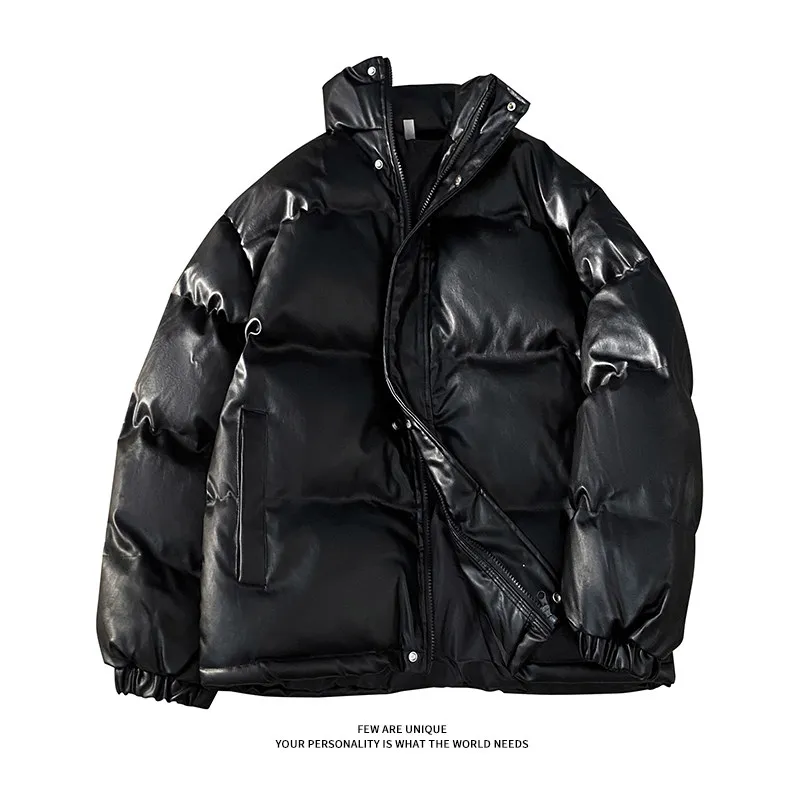 

PU Leather Thickened Winter Jacket Men's Stand Collar Loose down Cotton Coat Warm Outerwear Trendy Brand Casual Youth Style