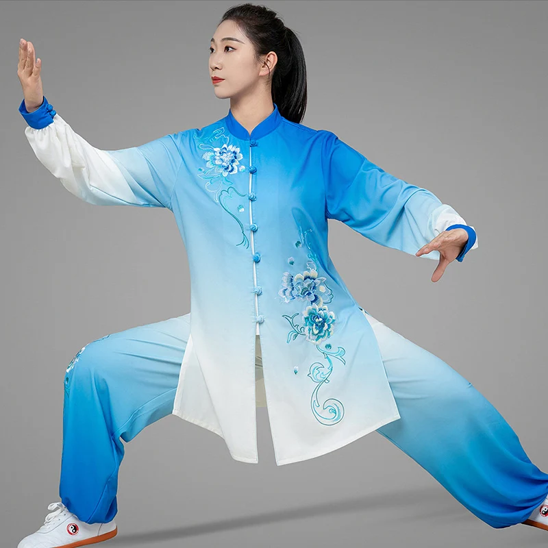 2026 New Blue Gradient Embroidered Peony Tai Chi Suit - Chinese Style Double Silk Linen Breathable Custom Performance Uniform fo