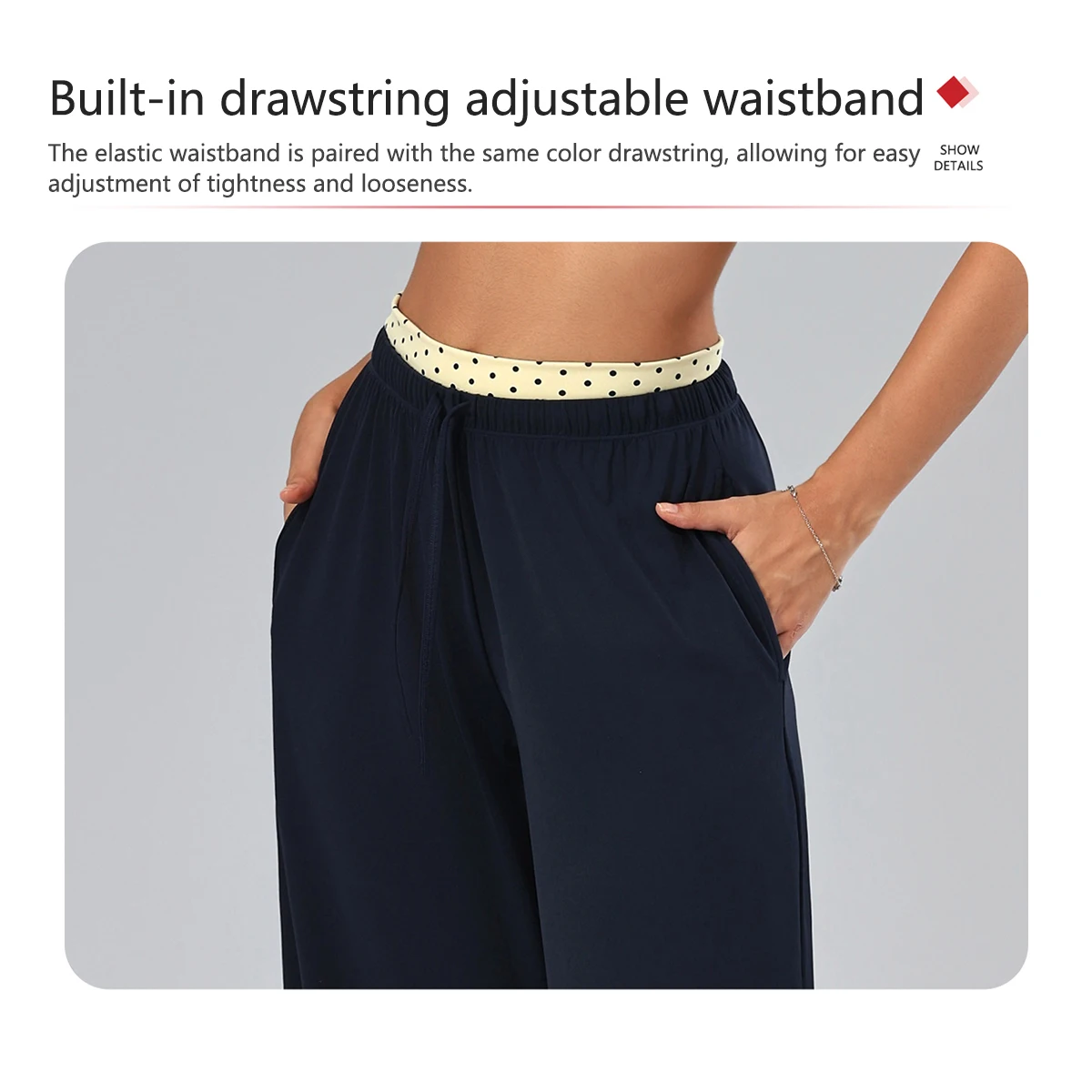 Damen-Yoga-Set, 2-teilig, Polka-Dot-Verzierung, Tanktop, Hose mit Kordelzug und elastischem Bund, weite Beine, für Training, Fitnessstudio, Laufen, Freizeit und Sport. – Detail 8