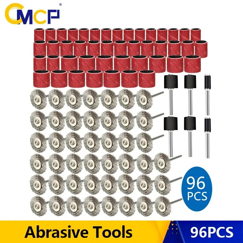 CMCP – Kit d'outils de polissage abrasif, 96 pièces, bandes abrasives, tambour de ponçage, brosse métallique en acier inoxydable, disque de polissage pour outils rotatifs Dremel