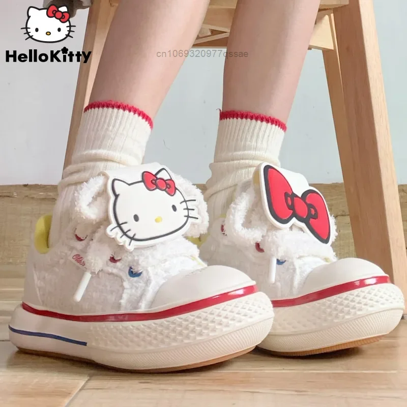 Sanrio Hello Kitty Lace-up Canvas Sneakers Y2k Women Fashion Summer White Skateboard Shoes Thick Sole Canvas Shoes Casual Shoes