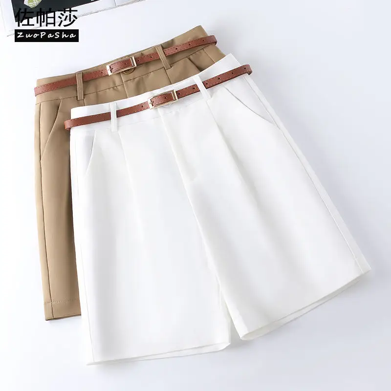 

Shorts Women Suit Shorts with Belt Women's Spring and Summer High Waist Loose Casual Straight-Leg A- Line Ropa Mujer C70