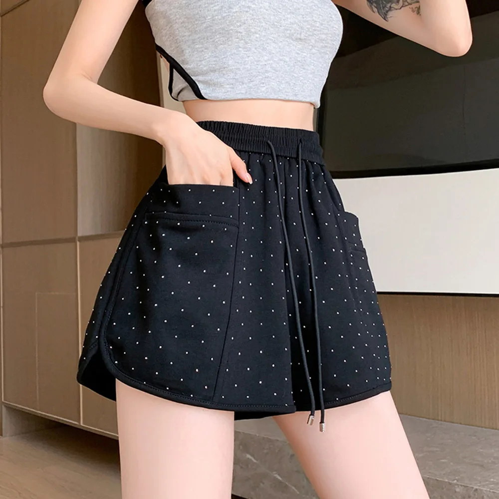 Fashion High Waist Shinny Shorts Female 2024 Summer Casual Wide-leg Short Pants Ladies Loose Pockets Short Sport Pants Women's