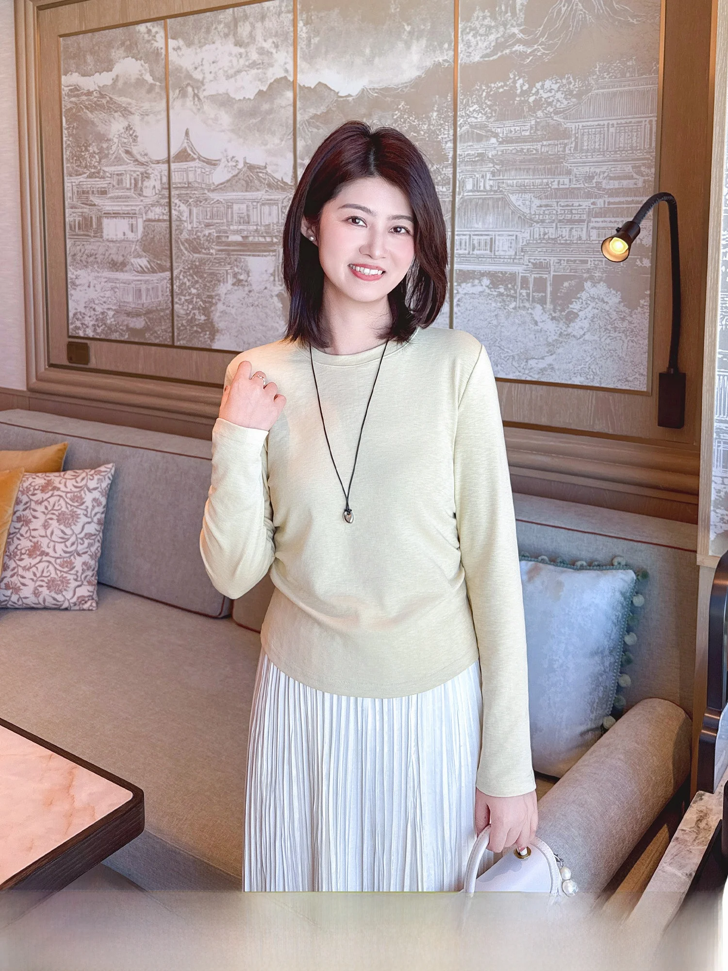 

Фиолетовая футболка Zillal для женщин, повседневная, хлопковая, с длинным рукавом, с дизайнерской складкой на талии, базовый слой, весна 2026