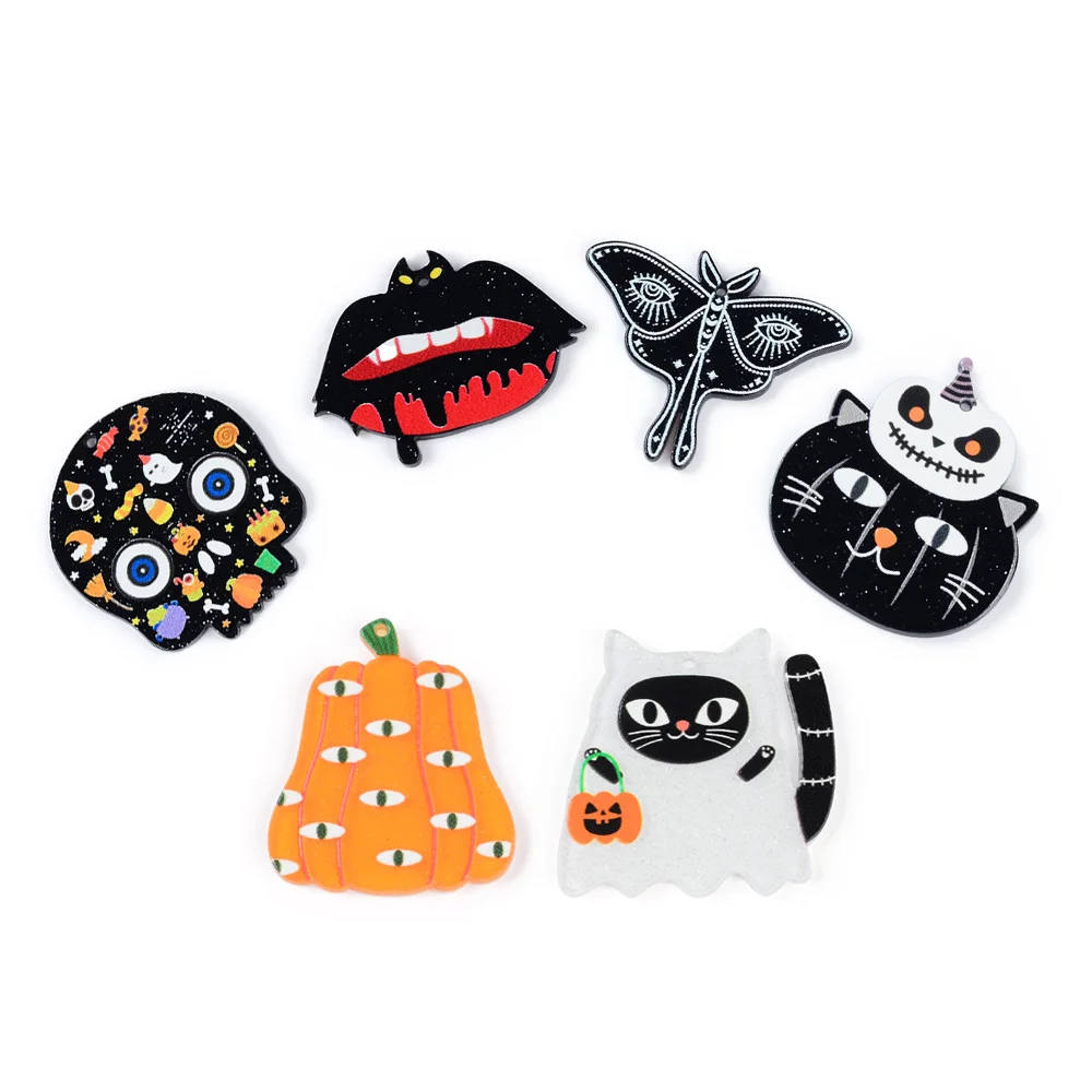 10PCS Color 3D Drip Oil Bat Spider Pumpkin Cat Acrylic Board Earnail Pendant DIY Halloween Earnail Necklace Pendant Accessories