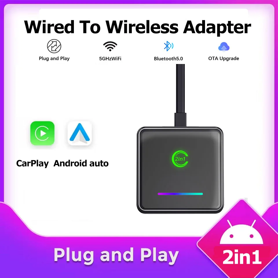 

NEW 2in1 Wireless CarPlay Android Auto Wireless Adapter Smart Mini Box Plug And Play WiFi Fast Connect Universal for Car Wired