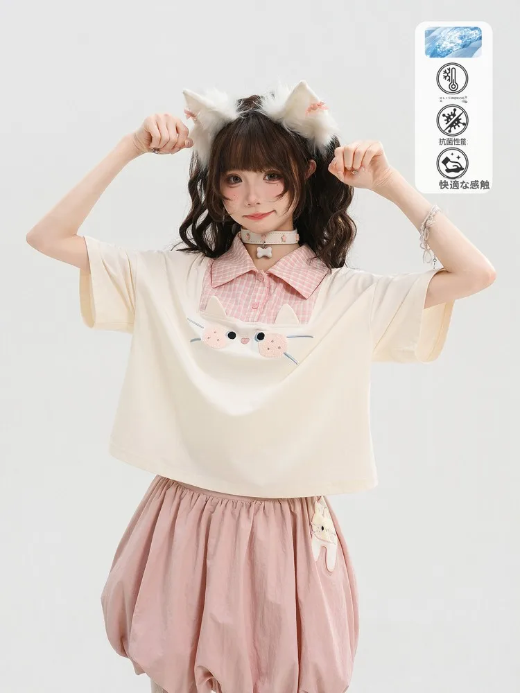 

Sweet Embroidery High Waist Skirt Set Women's Fashion Summer Outfit Loose Fit Short Sleeve Turn-down Collar Ensemble