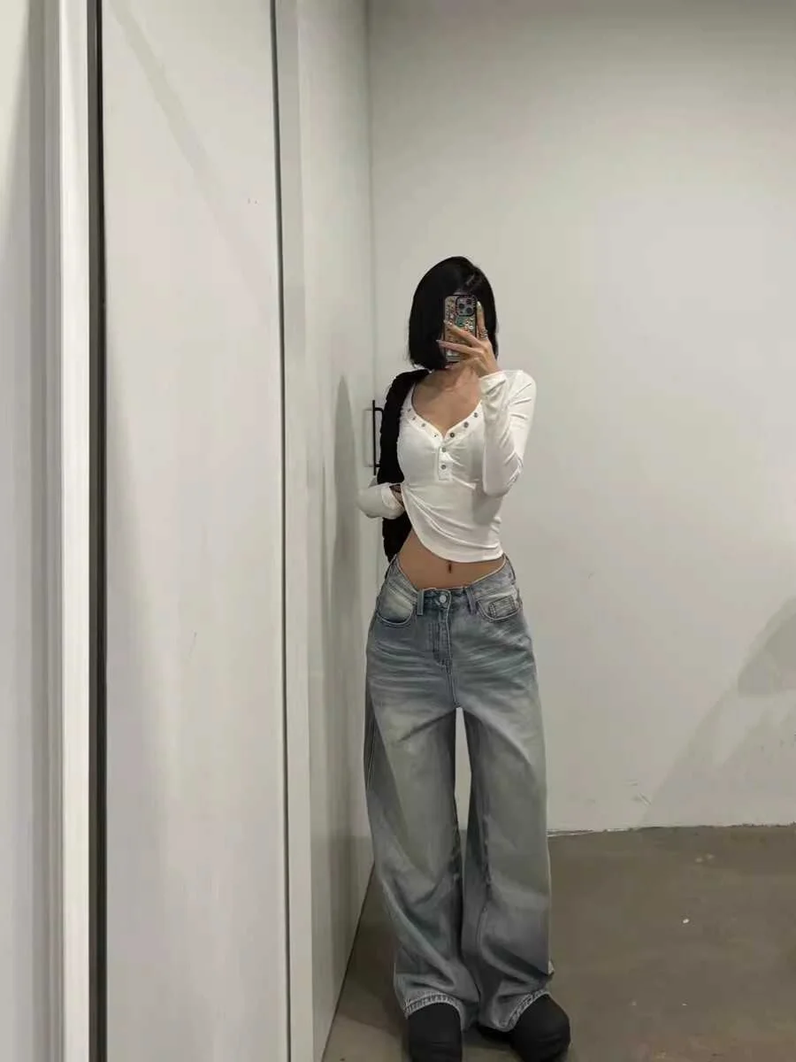 Light Wa High Waist Straight Leg Jeans Women's Spring Autumn New Loose Fit Floor Length Casual Wide Leg Long Trousers