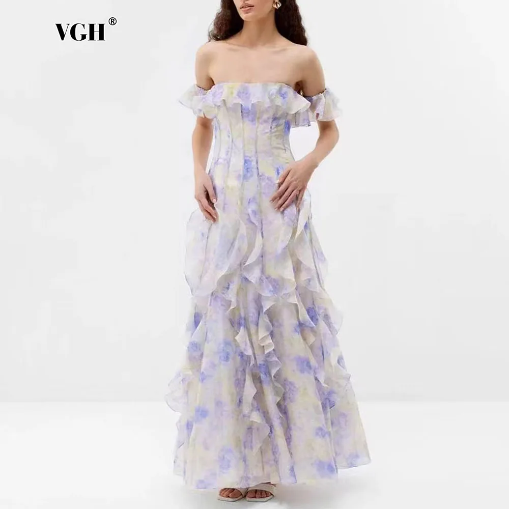 

VGH Colorblock Printing Elegant Dress for Women Slash Neck Off The Shoulder High Waist Patchwork Ruffles Long Dresses Female New