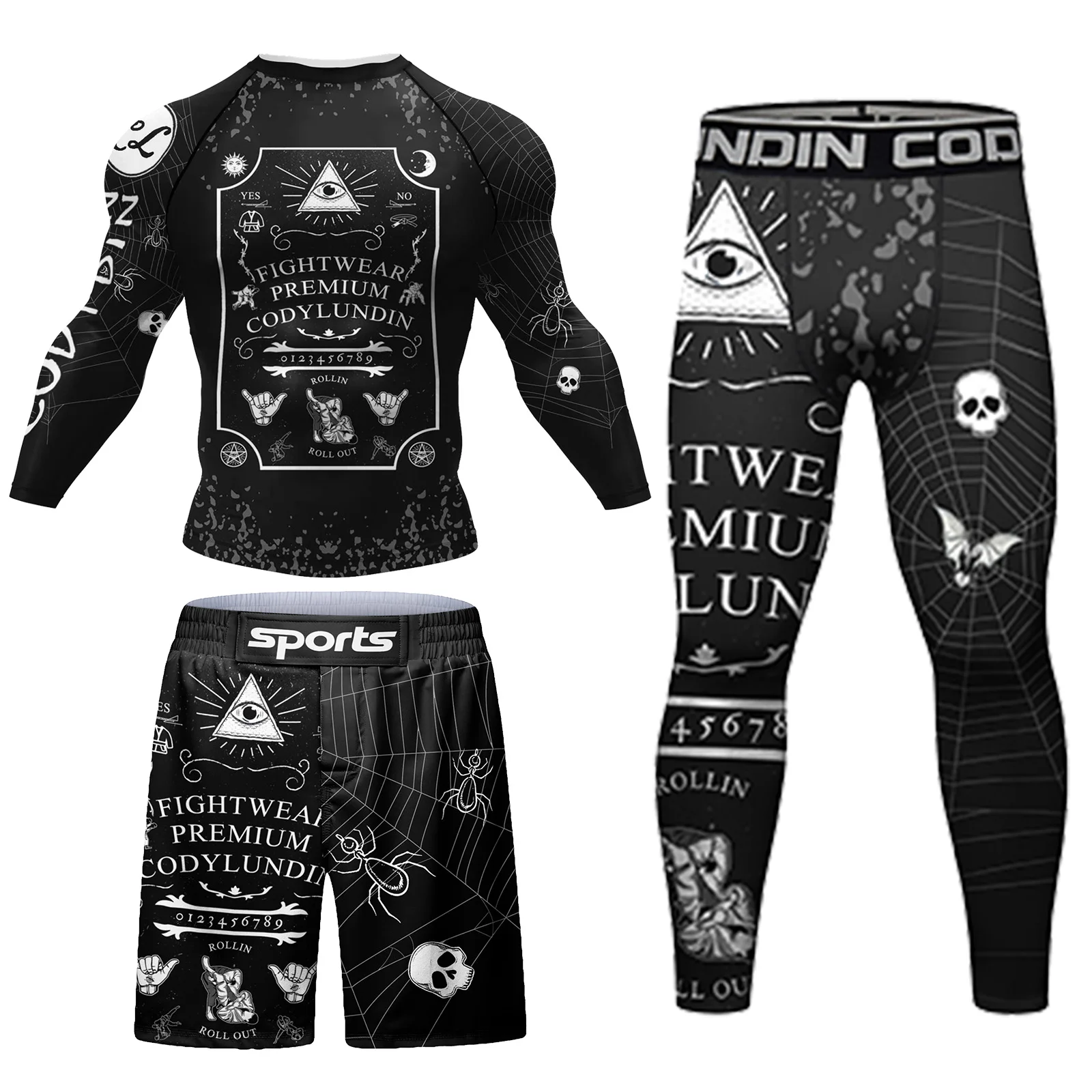 High Quality Sportsuits Wholesale 4 piece in set men's compression mma bjj rash guard leggings shorts sets