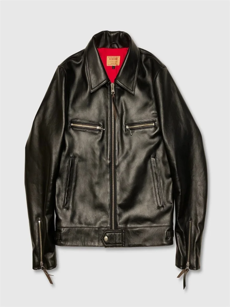 

YR!Free shipping.Classic British genuine leather motorcycle jacket.Luxury vintage Men Tea core calfskin coat.Quality