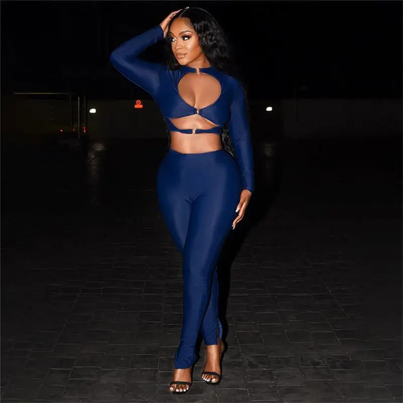 

Sexy Hollow out Slim Fit Long Sve High Waist Casual Pants Set 2023 Cross-Border Faionable plus Size Women's Clothing