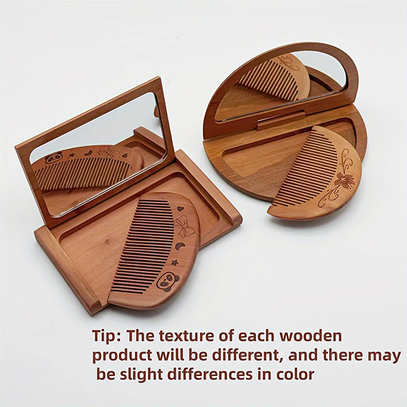 Juego de espejo y peine de madera Vintage 2 en 1, Mini espejo de maquillaje rectangular plegable portátil de Peachwood para niñas y mujeres, 1 ud.