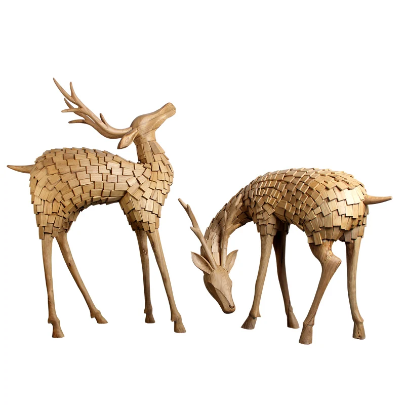 

HXL Solid Wood Deer Floor Ornaments Indoor Soft Decoration Hotel Lobby Wood Carving Crafts