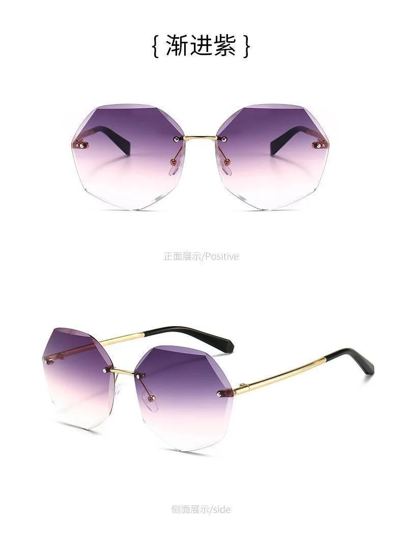 Rahmenlose Damen-Sonnenbrille mit Schnittkante, fortschrittliches Gefühl, Metall, robustes Scharnier, trendige Sommer-Sonnenbrille – Detail 8
