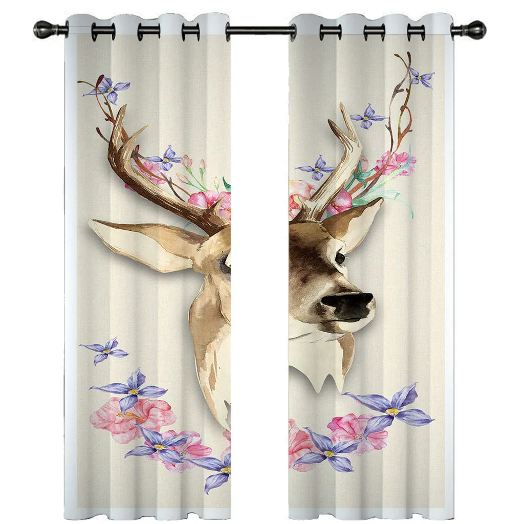 

HUANZHUANG Curtains Length 2 Panels Abstract Flower Wreath Elk Printed Curtain, Grommet Light Blocking Curtains, Thermal Insulat