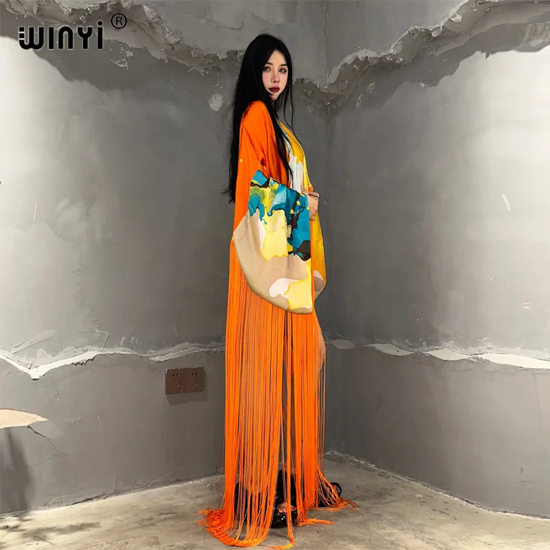 WINYI kimono moda boho letnie stroje plażowe letnie klasyczny nadruk osłona do Bikini sweter seksowne wakacje z długim rękawem sukienka z frędzlami